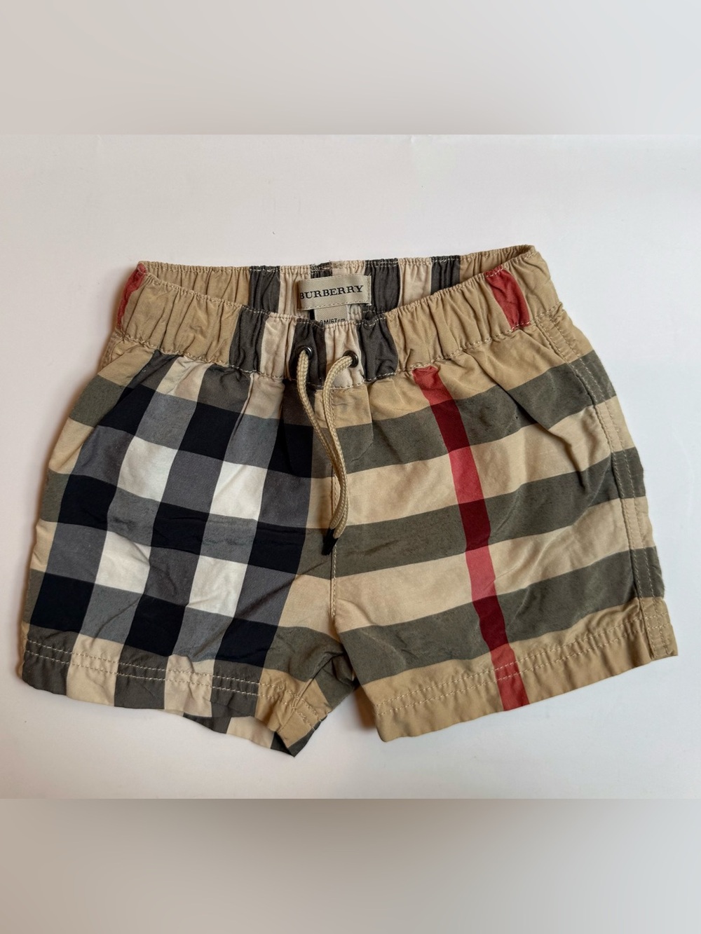 Burberry Boys Beige Plaid Board Shorts Swim Trunks 6M 67cm Drawstring Lined
